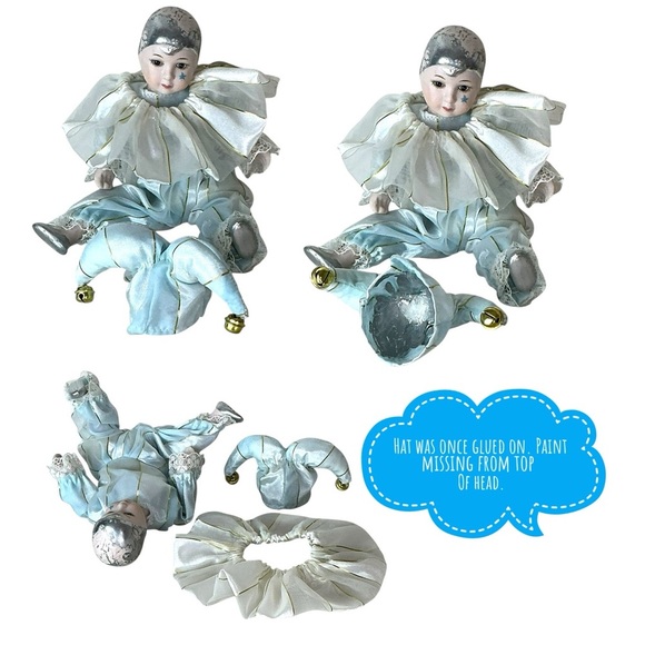 Porcelain Jester Harlequin Doll Blue Gold Silver Vintage Collectible 6 Inch - Picture 5 of 16
